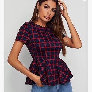 Women’s short sleeve Ruffle hem grid pattern Top